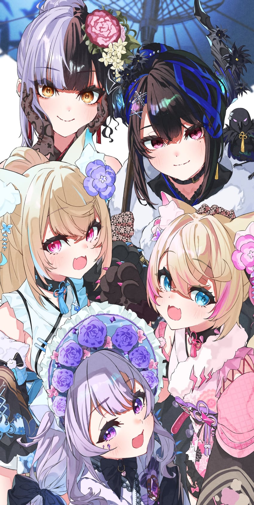 shiori novella, nerissa ravencroft, fuwawa abyssgard, mococo abyssgard, koseki bijou, and 1 more (hololive and 1 more) drawn by azusa_(azunyan12)