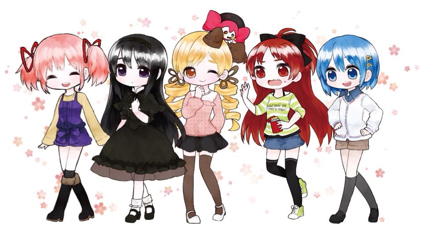 akemi homura, kaname madoka, miki sayaka, sakura kyoko, tomoe mami, and 1 more (mahou shoujo madoka magica) drawn by fc_(efushii)