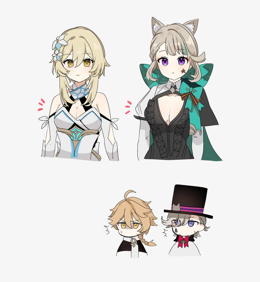 lumine, aether, lynette, and lyney (genshin impact) drawn by kuromu_shado