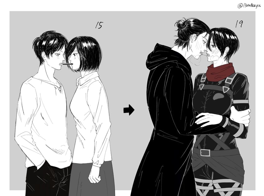 mikasa ackerman and eren yeager (shingeki no kyojin) drawn by 13nohuyu
