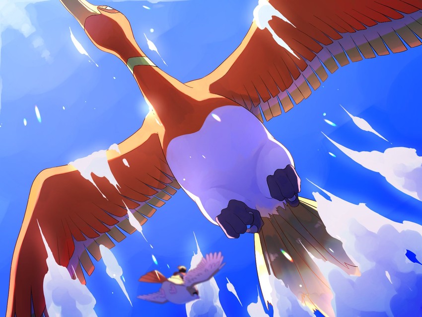 ethan, ho-oh, and pidgeot (pokemon) drawn by ayuko_(sea55tea)