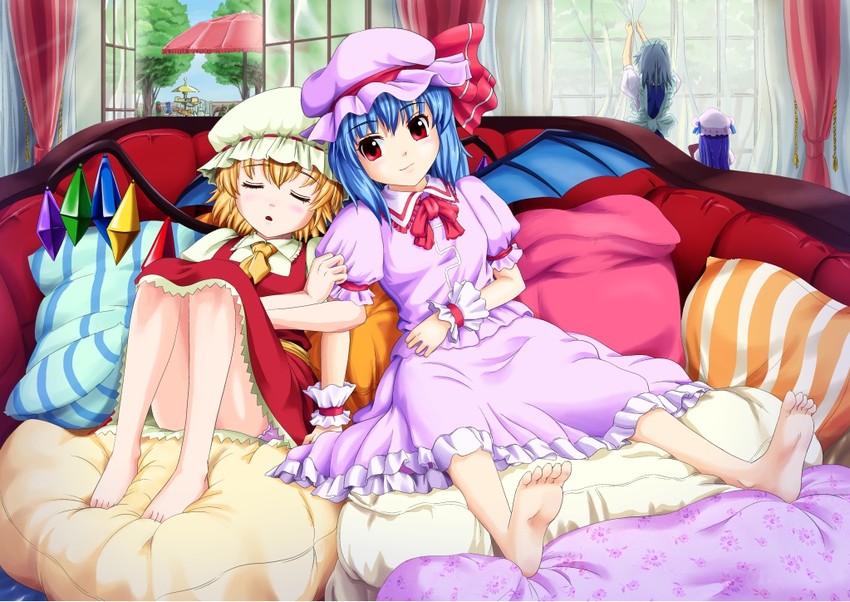 remilia scarlet, flandre scarlet, izayoi sakuya, cirno, patchouli knowledge, and 1 more (touhou) drawn by monsuu_(hoffman)