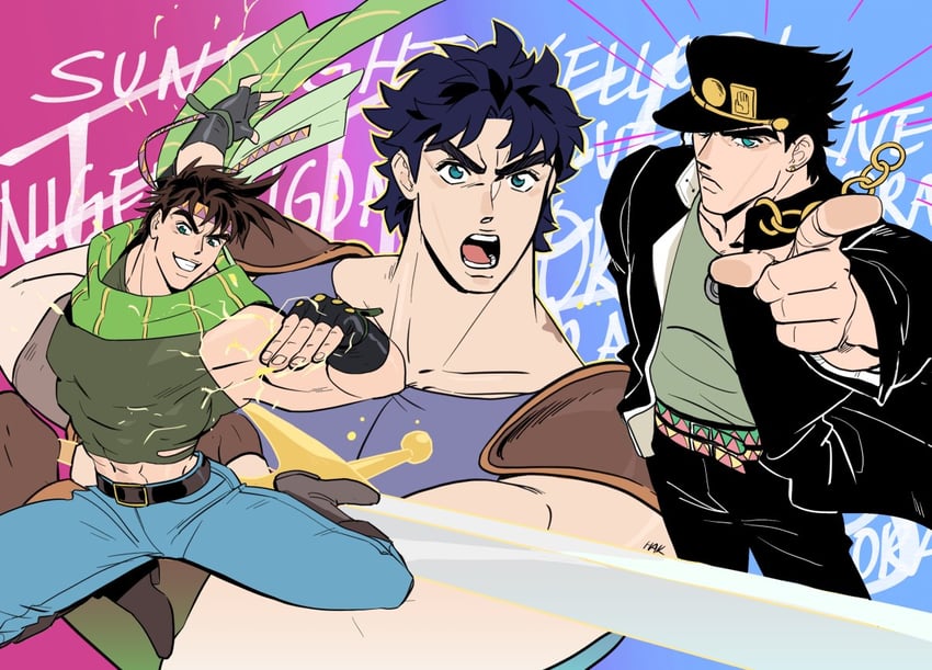 joseph joestar, kujo jotaro, and jonathan joestar (jojo no kimyou na bouken and 3 more) drawn by hakmonss