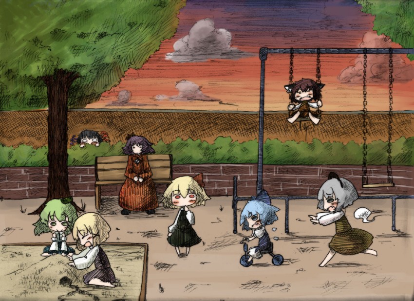 kochiya sanae, konpaku youmu, cirno, rumia, moriya suwako, and 3 more (touhou) drawn by daruia_(sabitare)
