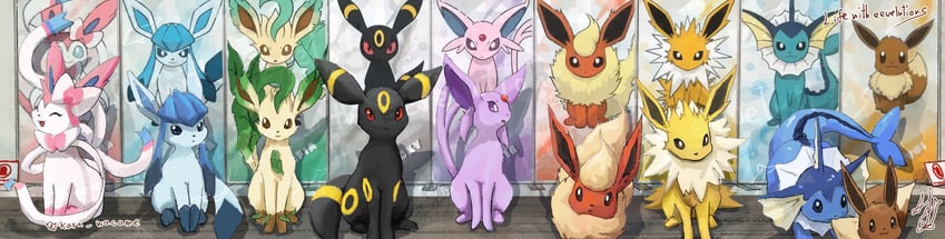 eevee, sylveon, umbreon, glaceon, vaporeon, and 4 more (pokemon) drawn by karu_wacame