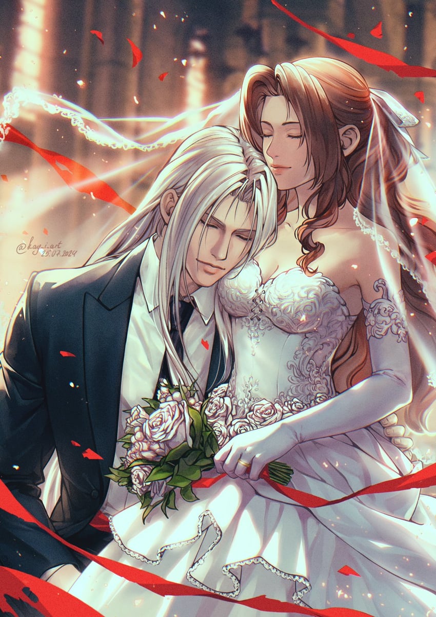 aerith gainsborough and sephiroth (final fantasy and 3 more) drawn by kay-i