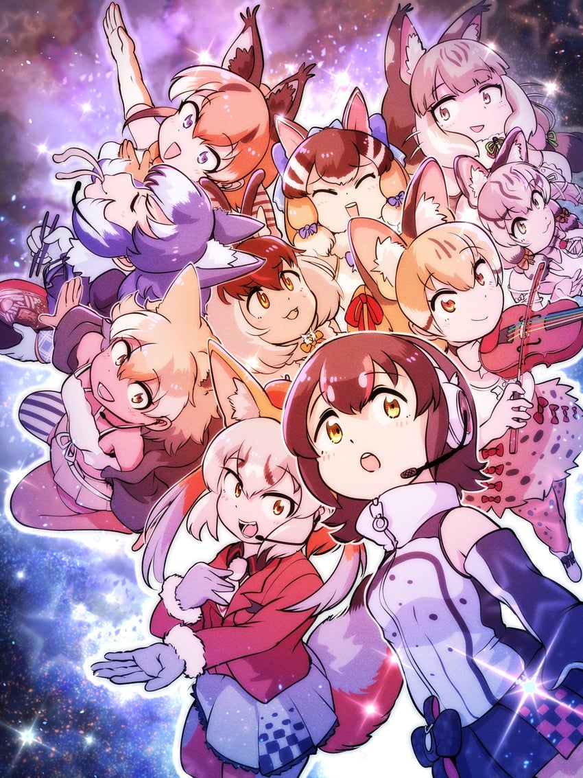 island fox, humboldt penguin, caracal, brown long-eared bat, coyote, and 5 more (kemono friends and 1 more) drawn by mcgunngu