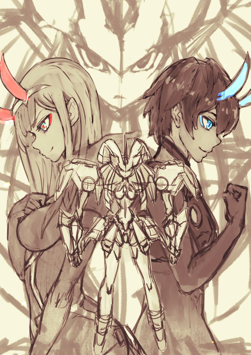 zero two, hiro, and strelizia (darling in the franxx) drawn by sabamiso_taro