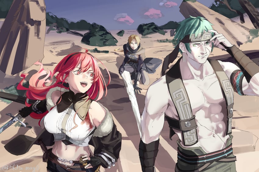 eris greyrat, rudeus greyrat, and ruijerd superdia (mushoku tensei) drawn by tokita_(mag0)