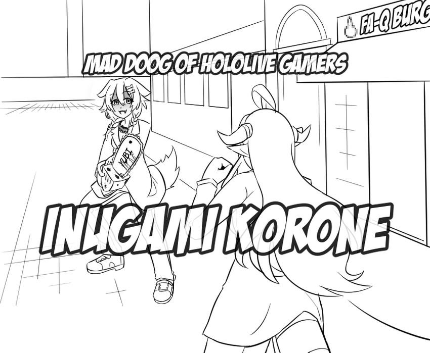 inugami korone, kiryu coco, kiryu kazuma, and majima goro (hololive and 1 more) drawn by foxarcana