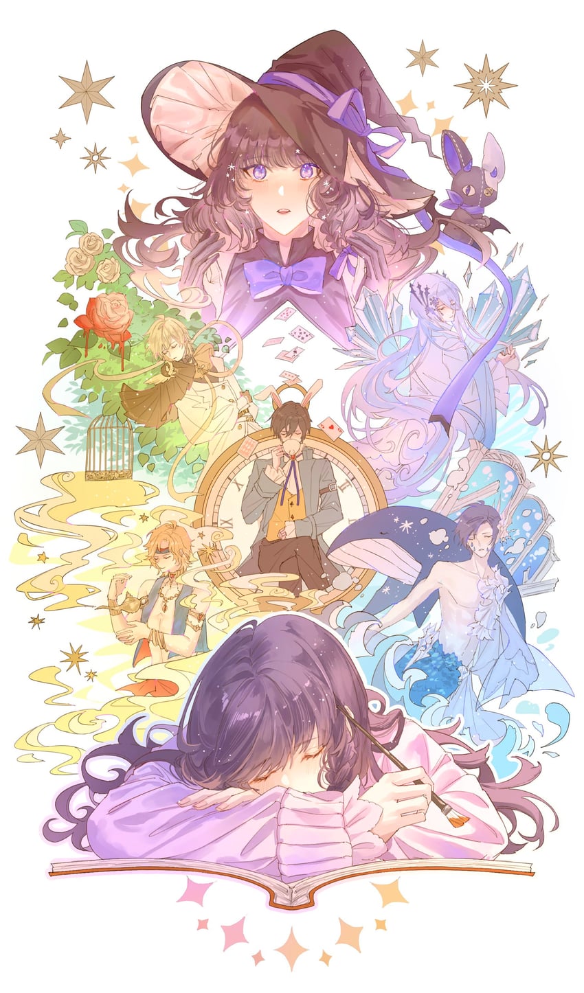 white rabbit, alkaid mcgrath, cael anselm, ayn alwyn, lars rorschach, and 4 more (lovebrush chronicles) drawn by mabataki_hikari