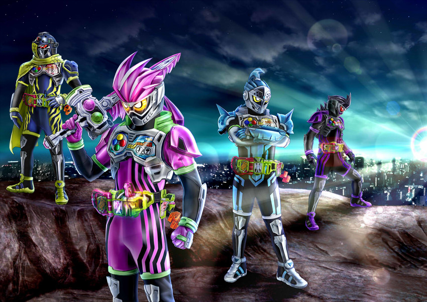 kamen rider ex-aid, kamen rider genm, kamen rider brave, mighty action x level 2, kamen rider snipe, and 4 more (kamen rider and 1 more) drawn by masukudo_(hamamoto_hikaru)