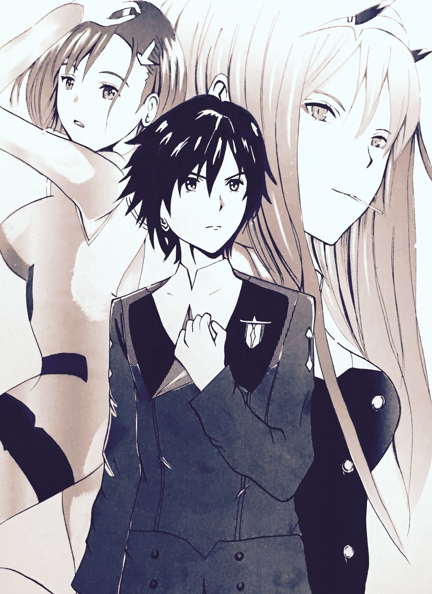 zero two, hiro, and ichigo (darling in the franxx) drawn by yuna_(nyxg7328)