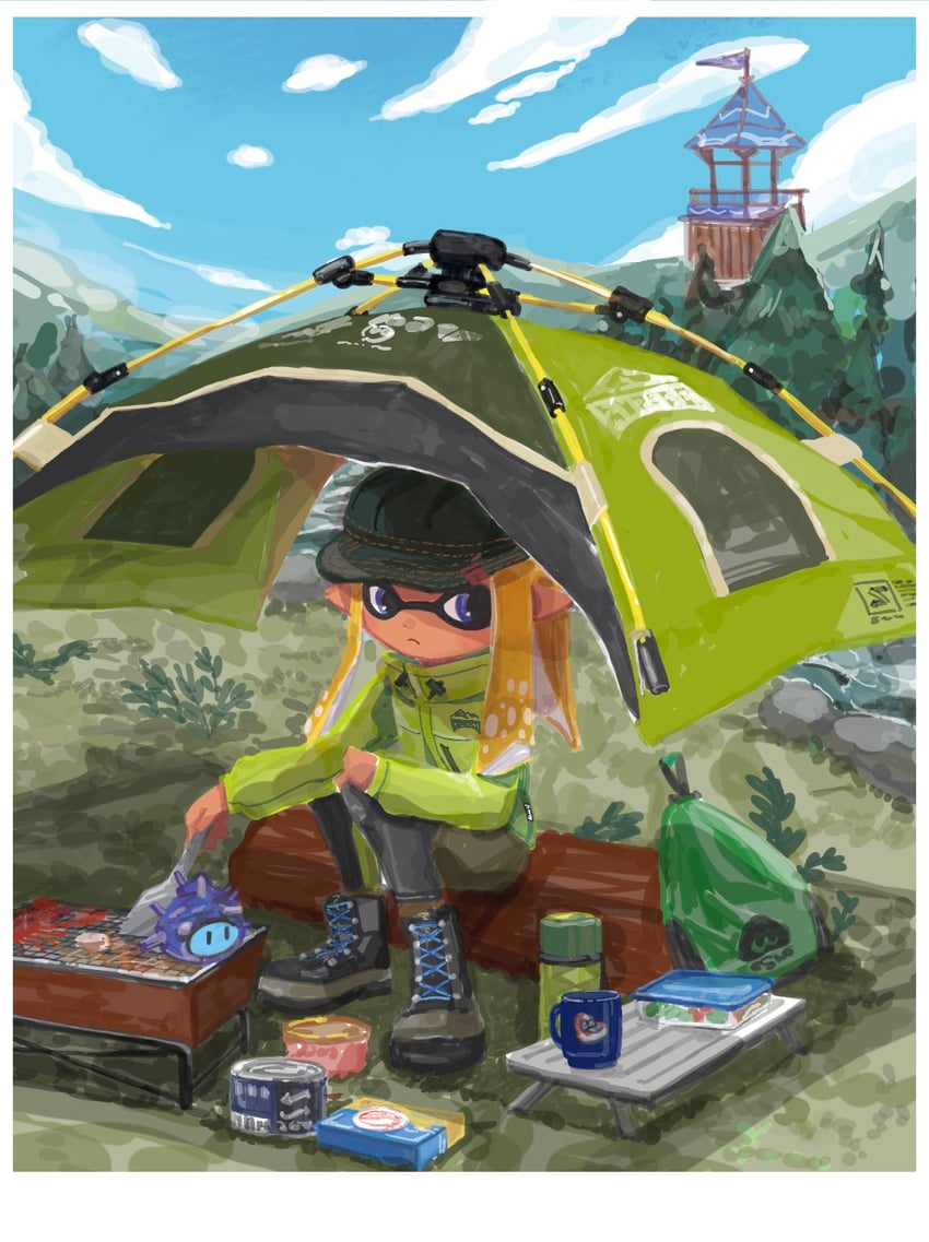 inkling player character, inkling girl, and super sea snail (splatoon) drawn by r6aru
