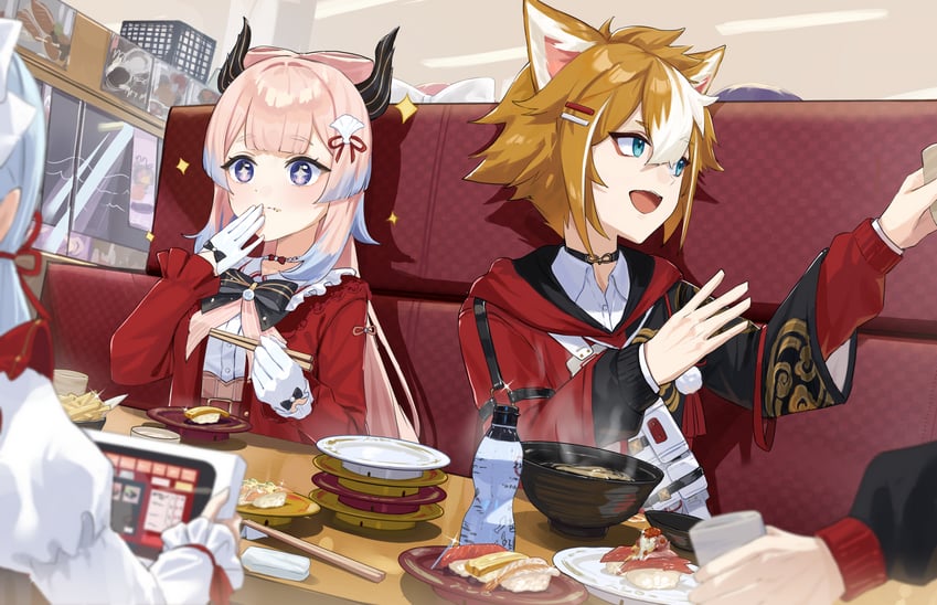 raiden shogun, yae miko, kamisato ayaka, sangonomiya kokomi, thoma, and 1 more (genshin impact) drawn by tsukimori_mochi