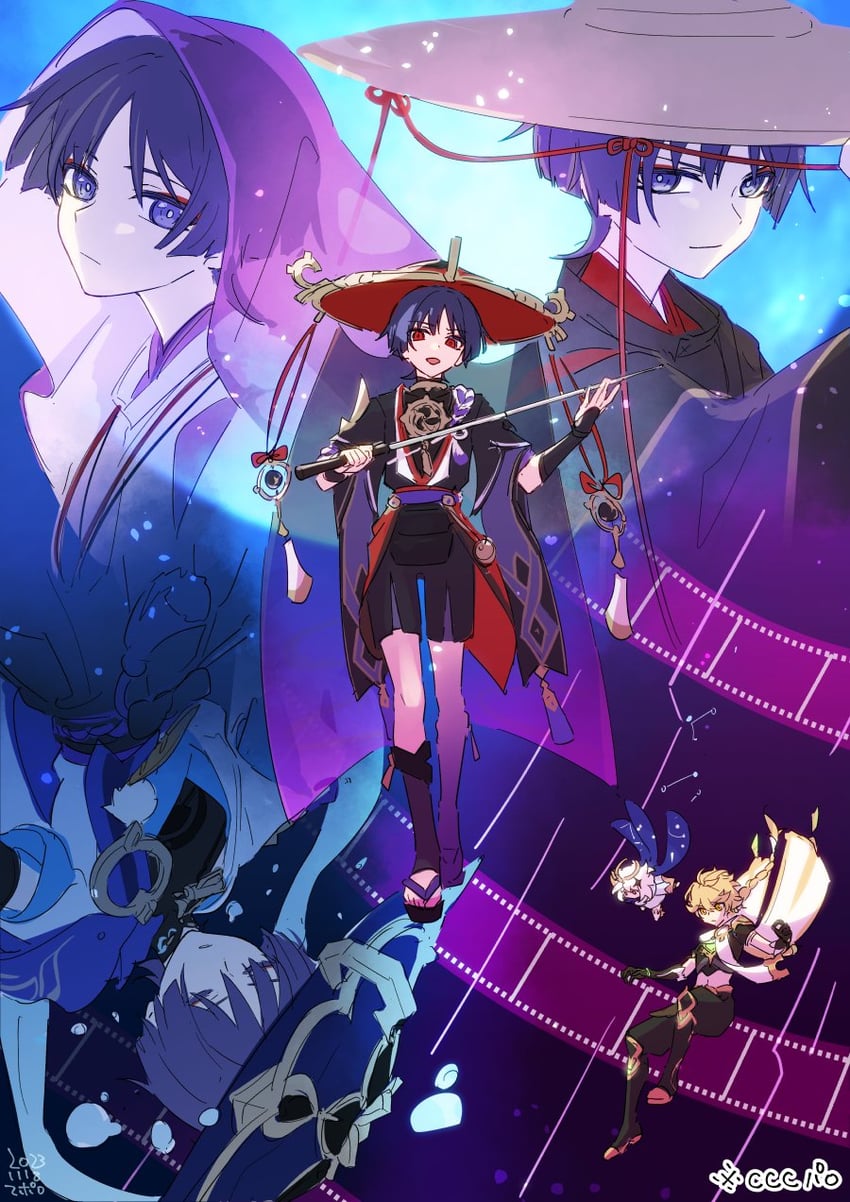 scaramouche, aether, wanderer, paimon, and kuronushi (genshin impact) drawn by apollo_hotori