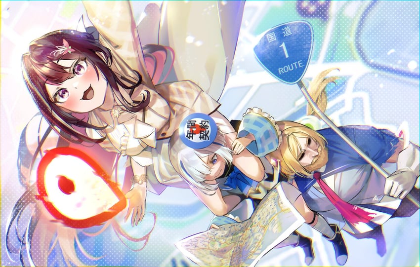 amane kanata, aki rosenthal, azki, and mukirose (hololive and 1 more) drawn by mizuame_(pixiv70466540)