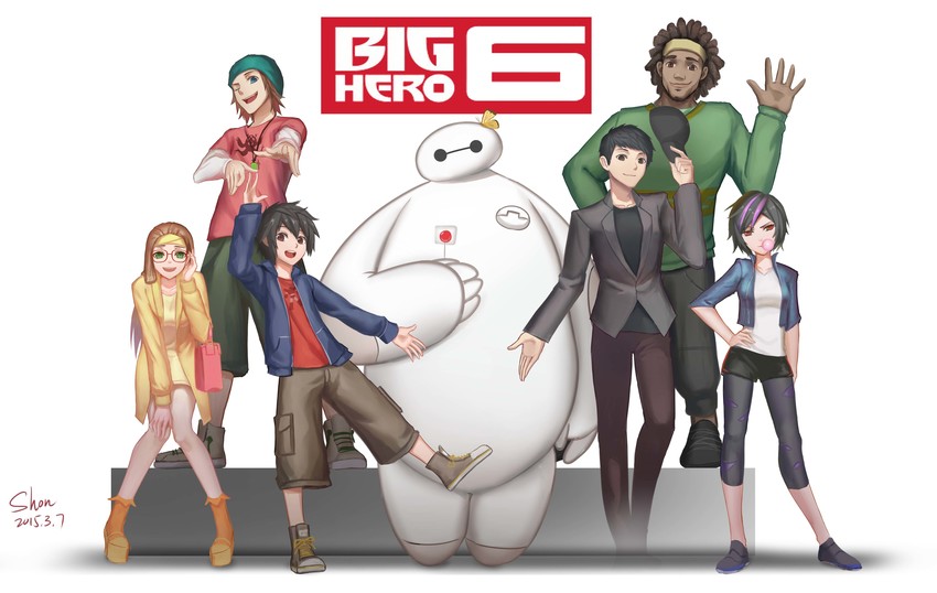 baymax, hiro hamada, gogo tomago, tadashi hamada, honey lemon, and 2 more (big hero 6) drawn by shon