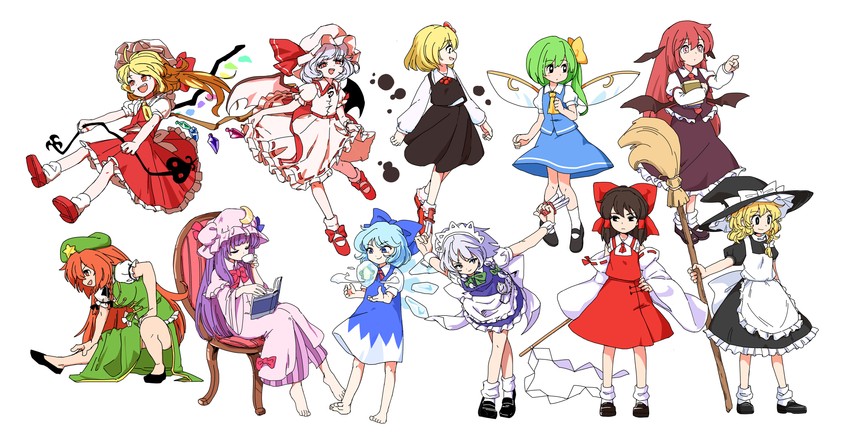 hakurei reimu, kirisame marisa, remilia scarlet, flandre scarlet, izayoi sakuya, and 6 more (touhou and 1 more) drawn by maguro_(mawaru_sushi)