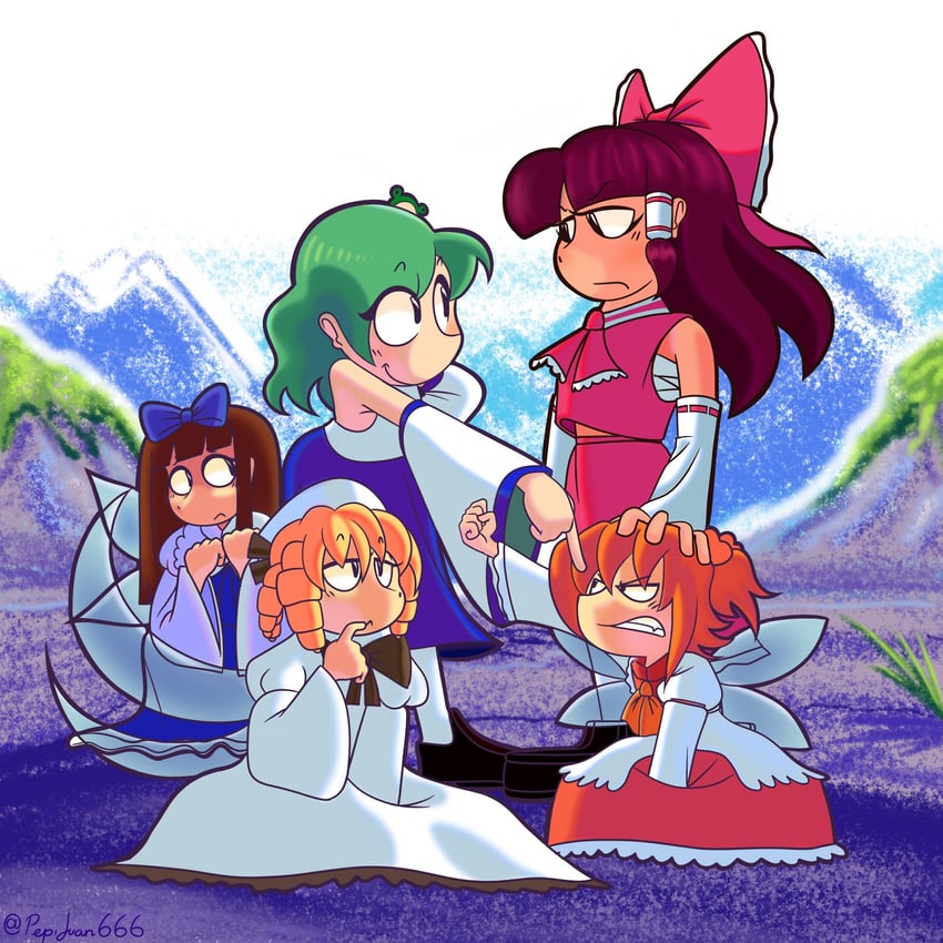 hakurei reimu, kochiya sanae, star sapphire, luna child, and sunny milk (touhou) drawn by pepijuan