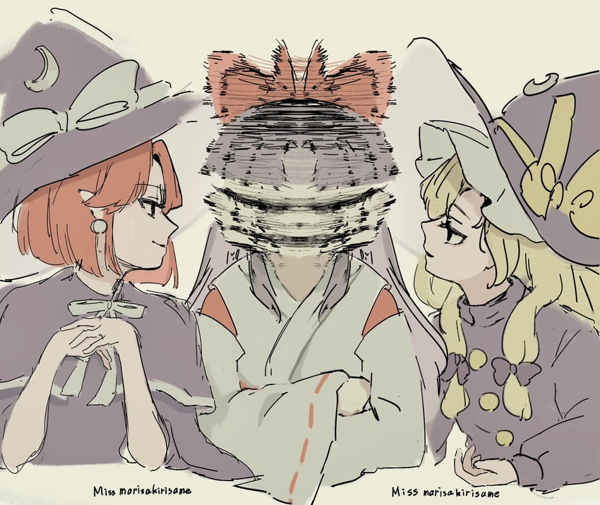 hakurei reimu and kirisame marisa (touhou and 2 more) drawn by niru_(ka_k_0517)
