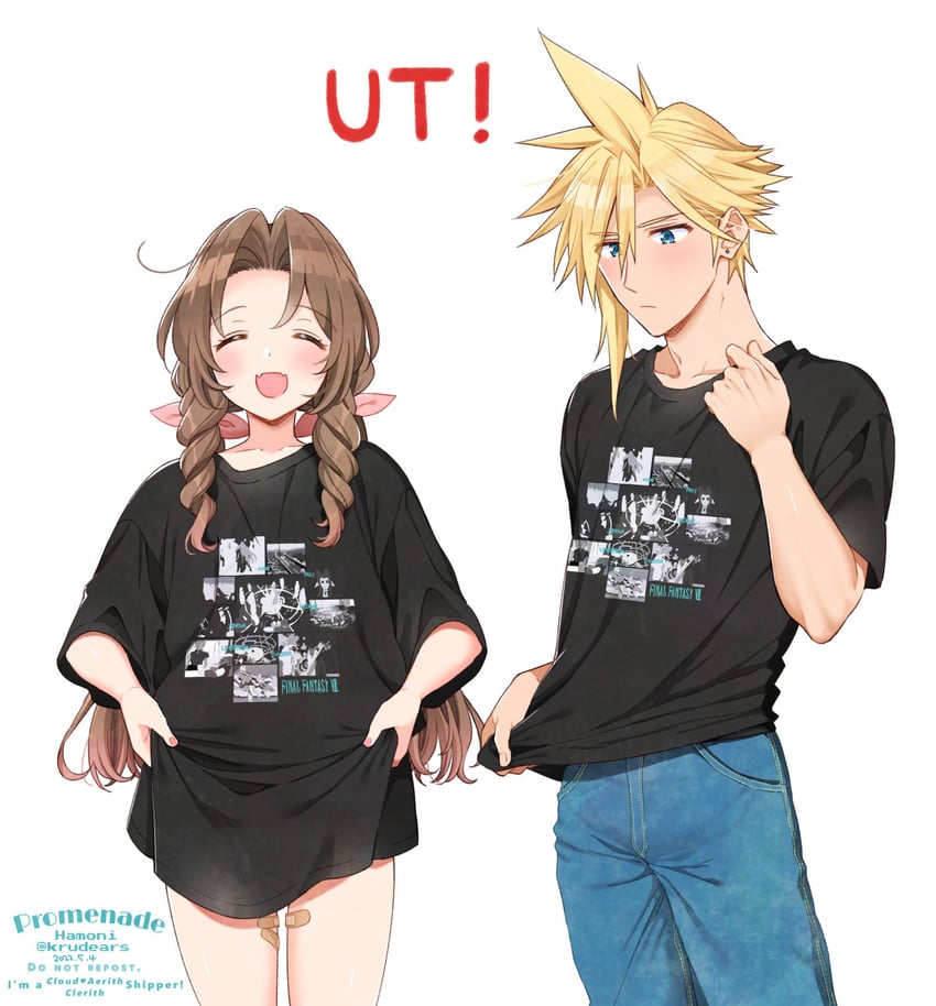 cloud strife and aerith gainsborough (final fantasy and 3 more) drawn by krudears