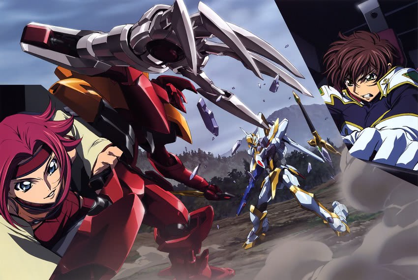 kouzuki kallen, kururugi suzaku, guren, lancelot, guren mk-ii, and 1 more (code geass) drawn by chiba_yuriko and nakada_eiji