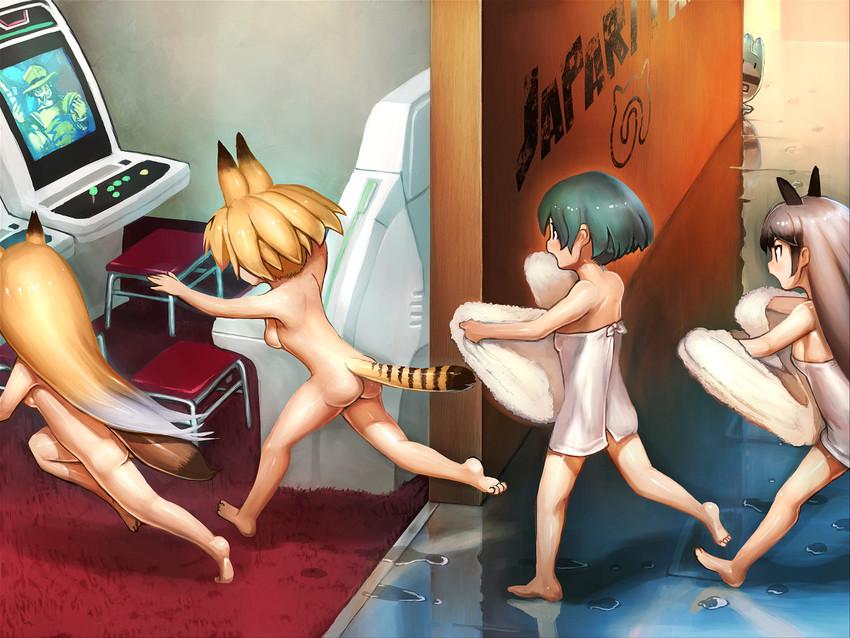 serval, kaban, lucky beast, silver fox, ezo red fox, and 1 more (kemono friends and 1 more) drawn by aasu_kirishita