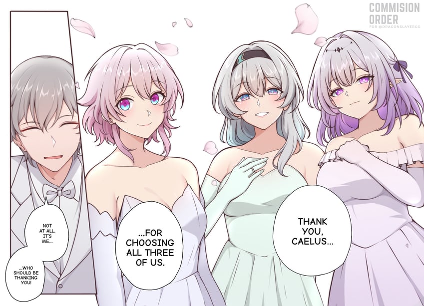 trailblazer, firefly, march 7th, caelus, and castorice (honkai and 2 more) drawn by centauri-d