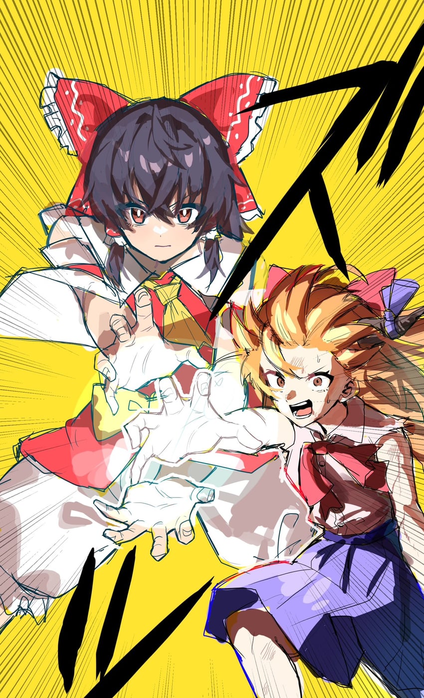 hakurei reimu and ibuki suika (touhou and 2 more) drawn by tkht_9315