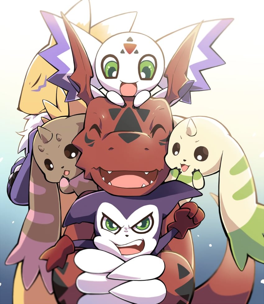 renamon, terriermon, guilmon, impmon, lopmon, and 1 more (digimon) drawn by lao_wen