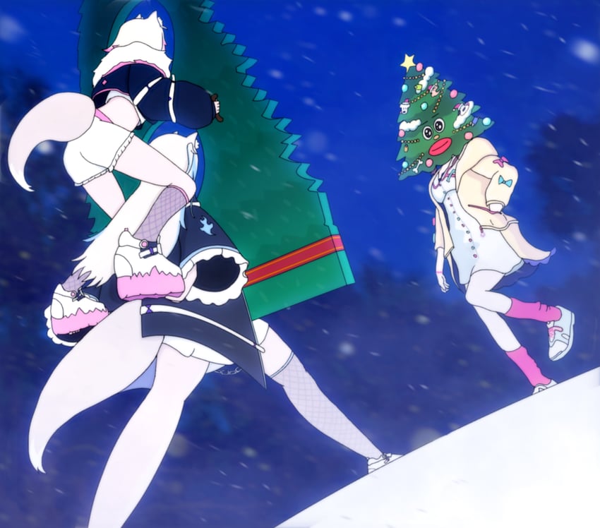 inugami korone, fuwawa abyssgard, mococo abyssgard, and tree-kun (hololive and 1 more) drawn by ludokano