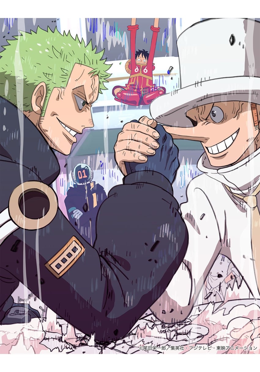 monkey d. luffy, roronoa zoro, kaku, and vegapunk shaka (one piece) drawn by matsuda_midori