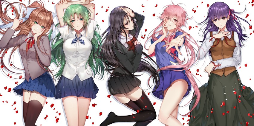 matou sakura, monika, sonozaki shion, gasai yuno, and katsura kotonoha (fate and 5 more) drawn by tcb