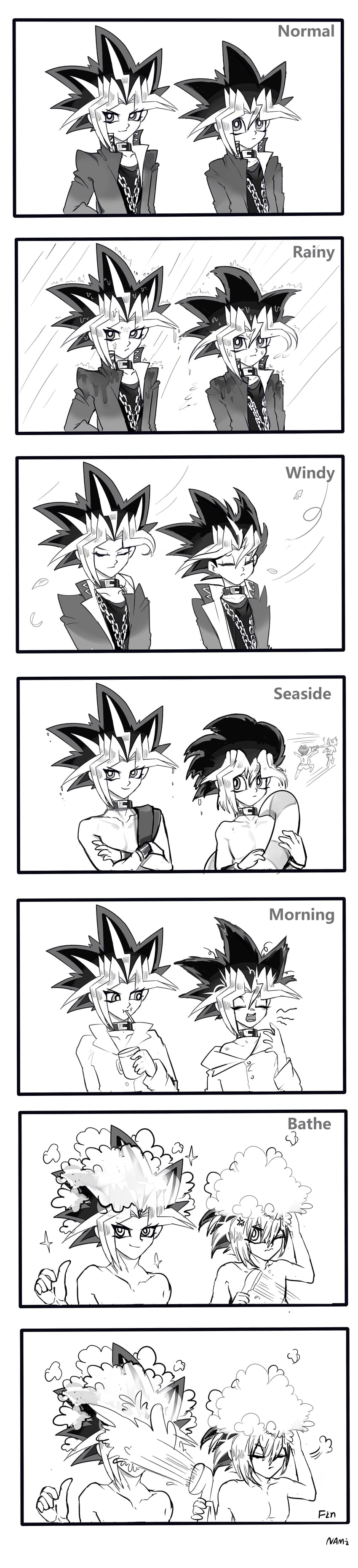 muto yugi, kaiba seto, yami yugi, and jonouchi katsuya (yu-gi-oh! and 1 more) drawn by namikaze_(dobbyka)