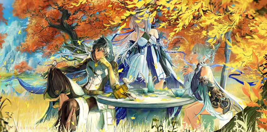 xianyun, zhongli, rex lapis, cloud retainer, guizhong, and 1 more (genshin impact) drawn by petra-ii