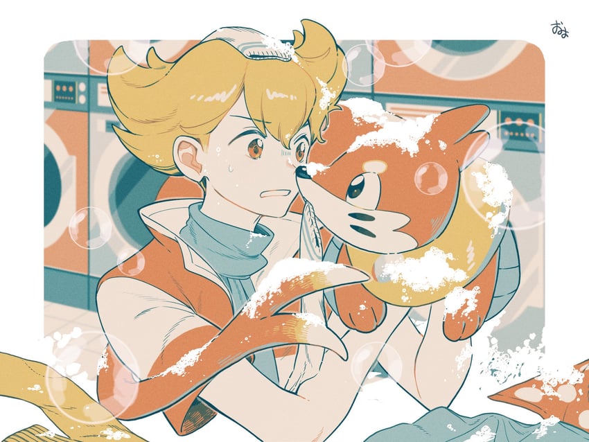 barry and buizel (pokemon and 1 more) drawn by omyo_(myomyomyo22)