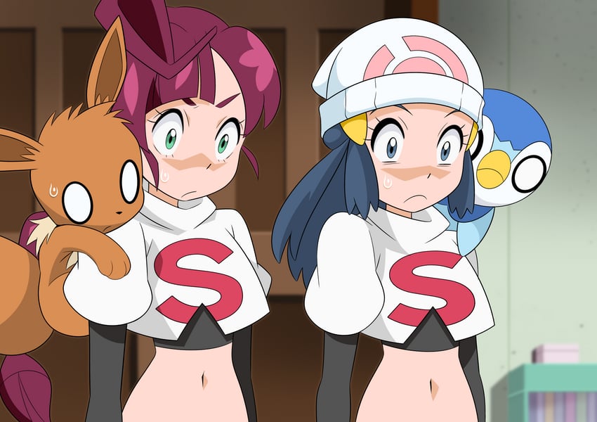dawn, eevee, piplup, and chloe (pokemon and 1 more) drawn by hainchu