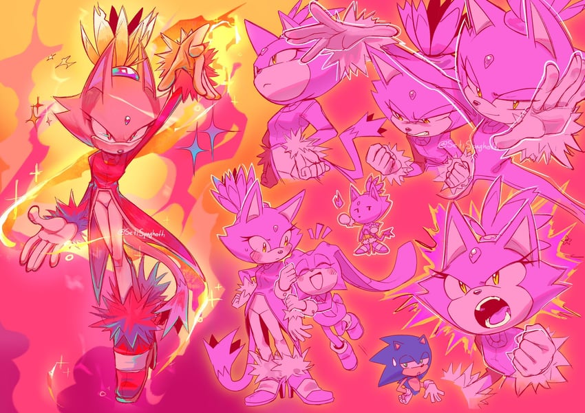 sonic the hedgehog, blaze the cat, cream the rabbit, and burning blaze (sonic and 1 more) drawn by setispaghetti