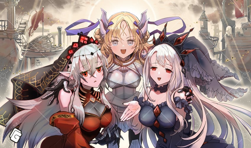 ecclesia, blazing cartesia the virtuous, dogmatika ecclesia the virtuous, and guiding quem the virtuous (yu-gi-oh!) drawn by cangshuiqingxi