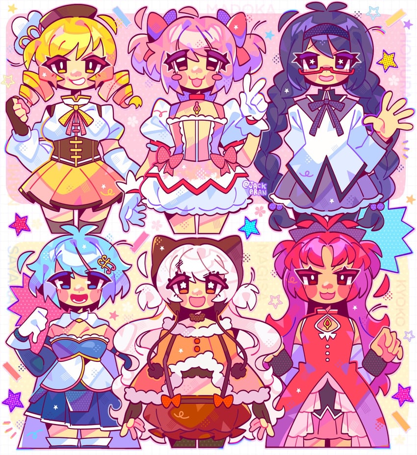 akemi homura, kaname madoka, miki sayaka, sakura kyoko, tomoe mami, and 1 more (mahou shoujo madoka magica) drawn by jack0ran