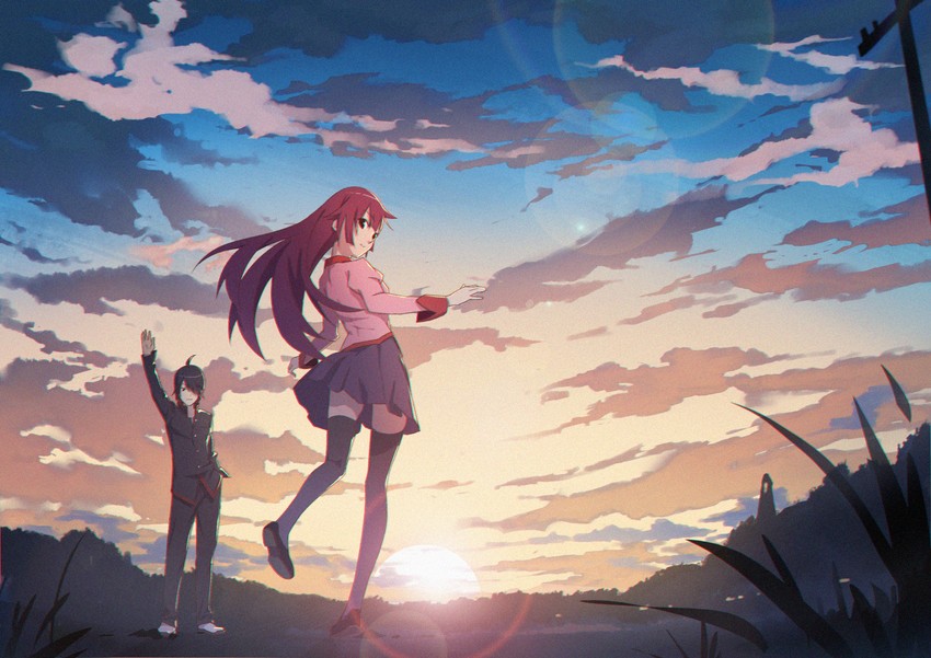senjougahara hitagi and araragi koyomi (monogatari and 1 more) drawn by lonesome_street