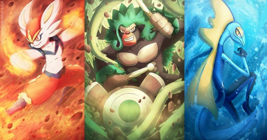 cinderace, inteleon, and rillaboom (pokemon) drawn by albrt-wlson