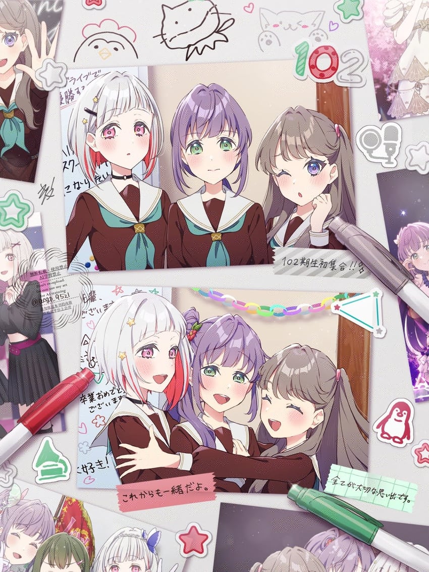 fujishima megumi, otomune kozue, yugiri tsuzuri, and ogami sachi (love live! and 1 more) drawn by kyaku_tasu