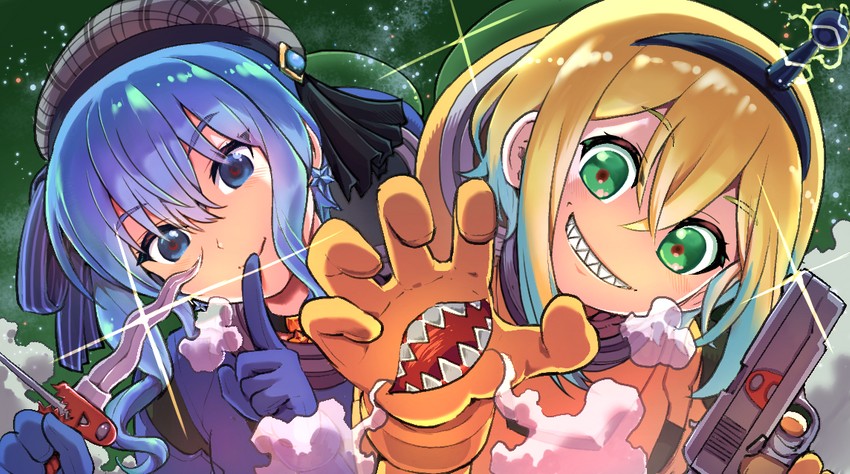 hoshimachi suisei, amano pikamee, impostor, blue, and orange (hololive and 2 more) drawn by niwashidori_maki