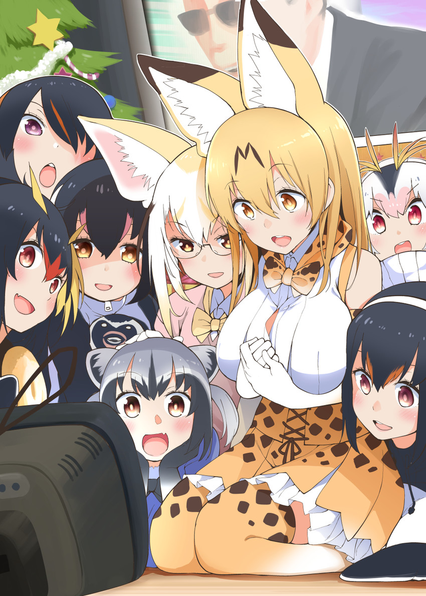 serval, common raccoon, fennec, emperor penguin, humboldt penguin, and 3 more (kemono friends) drawn by hayashi_(l8poushou)