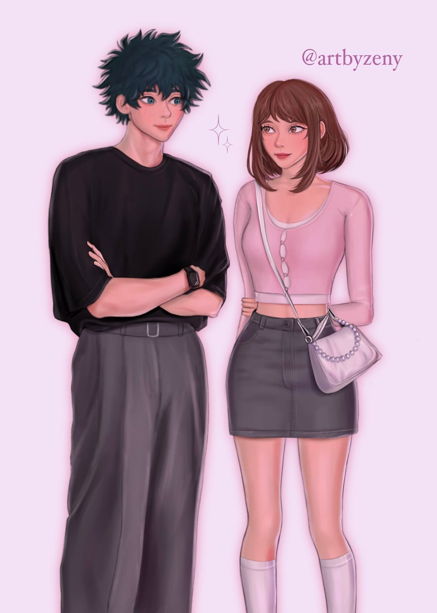 midoriya izuku and uraraka ochaco (boku no hero academia) drawn by zeny