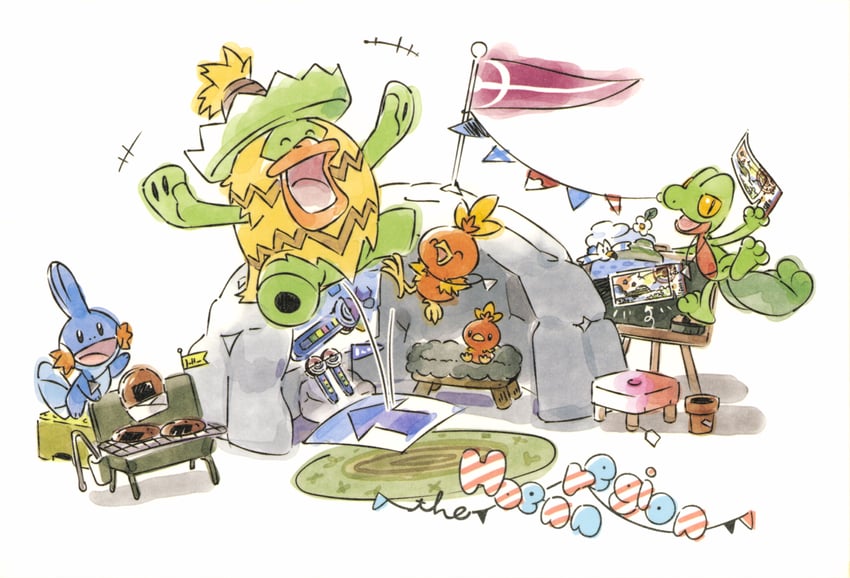 torchic, mudkip, wingull, treecko, and ludicolo (pokemon and 1 more) drawn by mizutani_megumi
