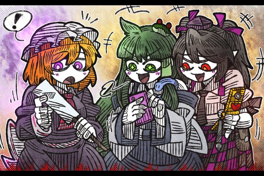 kochiya sanae, maribel hearn, and himekaidou hatate (touhou) drawn by suenari_(peace)