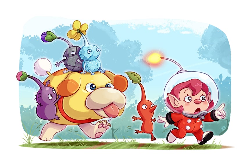 red pikmin, purple pikmin, rescue officer, rock pikmin, oatchi, and 1 more (pikmin and 1 more) drawn by francois.l